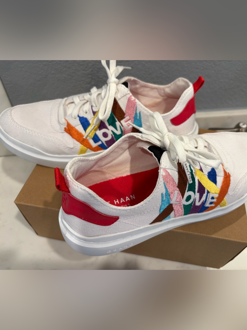 Cole Haan White Canvas Love Sneakers with Multicolor Embroidered Accents - Picture 2 of 9